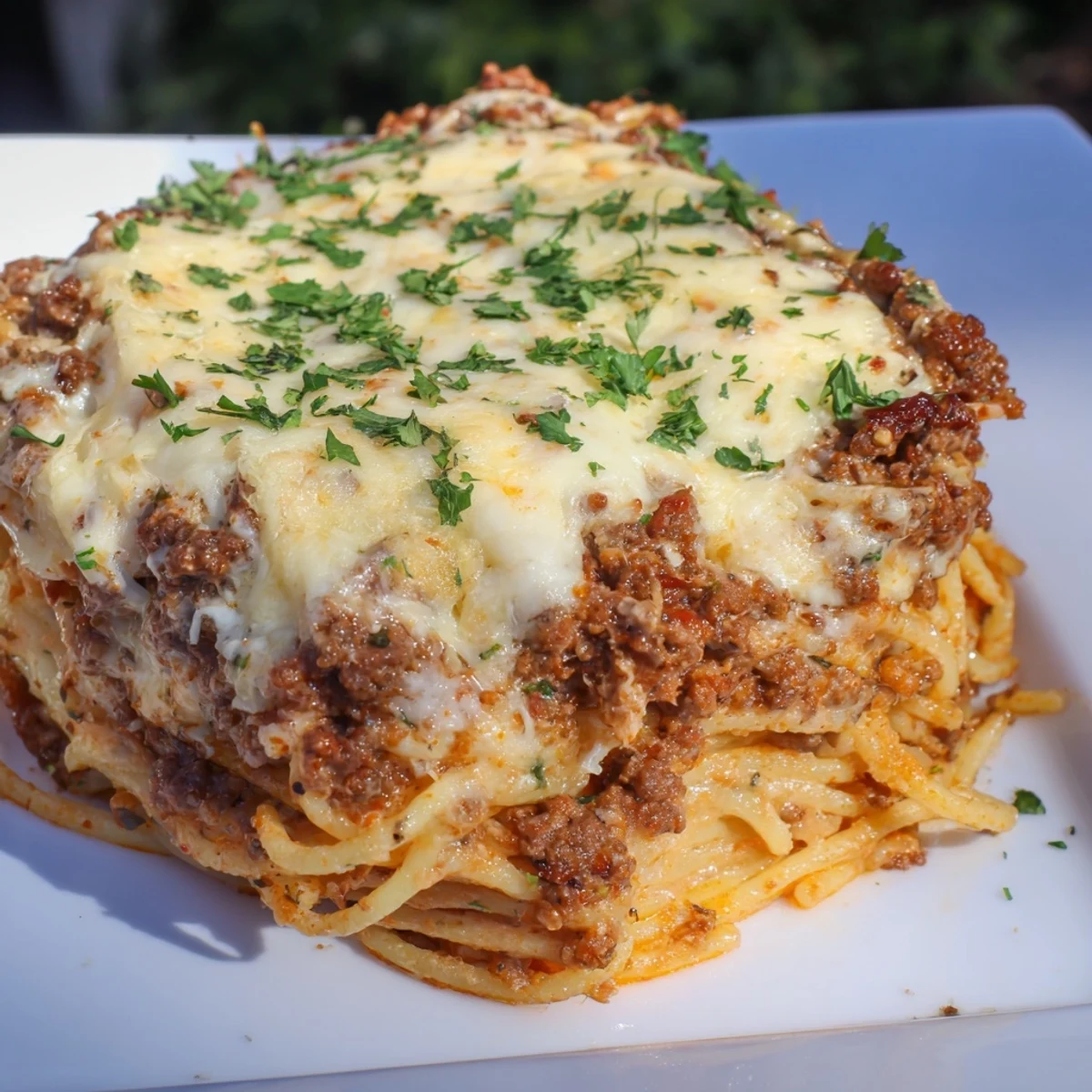 Served warm, this Tinis baked spaghetti features golden brown cheese atop a hearty meat sauce.