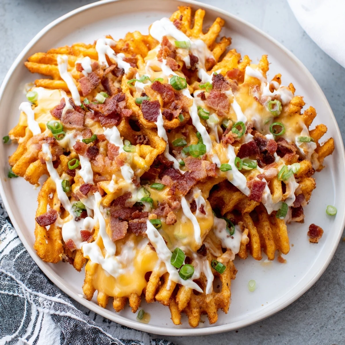 A close-up of cheesy Loaded Sweet Potato Fries with ranch dressing, perfect for sharing as an appetizer.