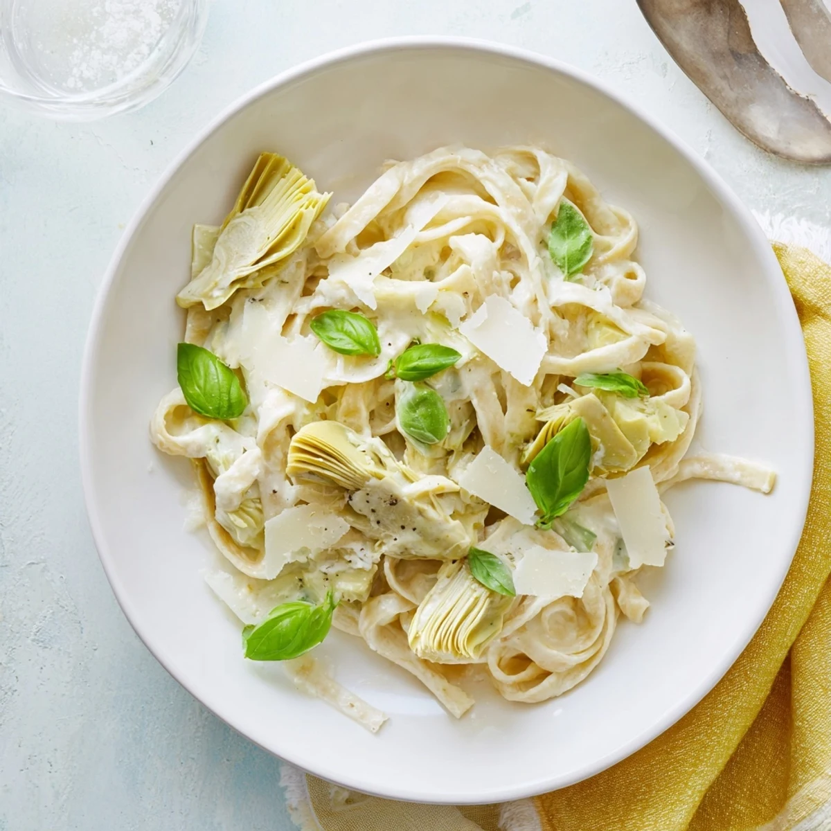 Golden Creamy Lemon Artichoke Pasta, a comforting Italian dinner with artichokes and a rich cream sauce.