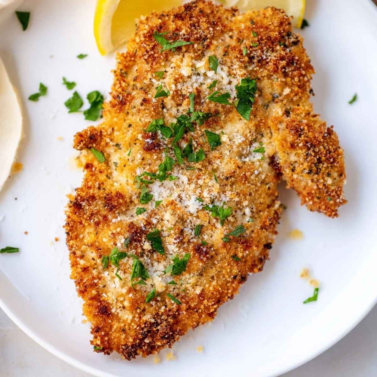 Golden-brown Crispy Parmesan Chicken Cutlets, oven-baked to juicy perfection, ready to be enjoyed.