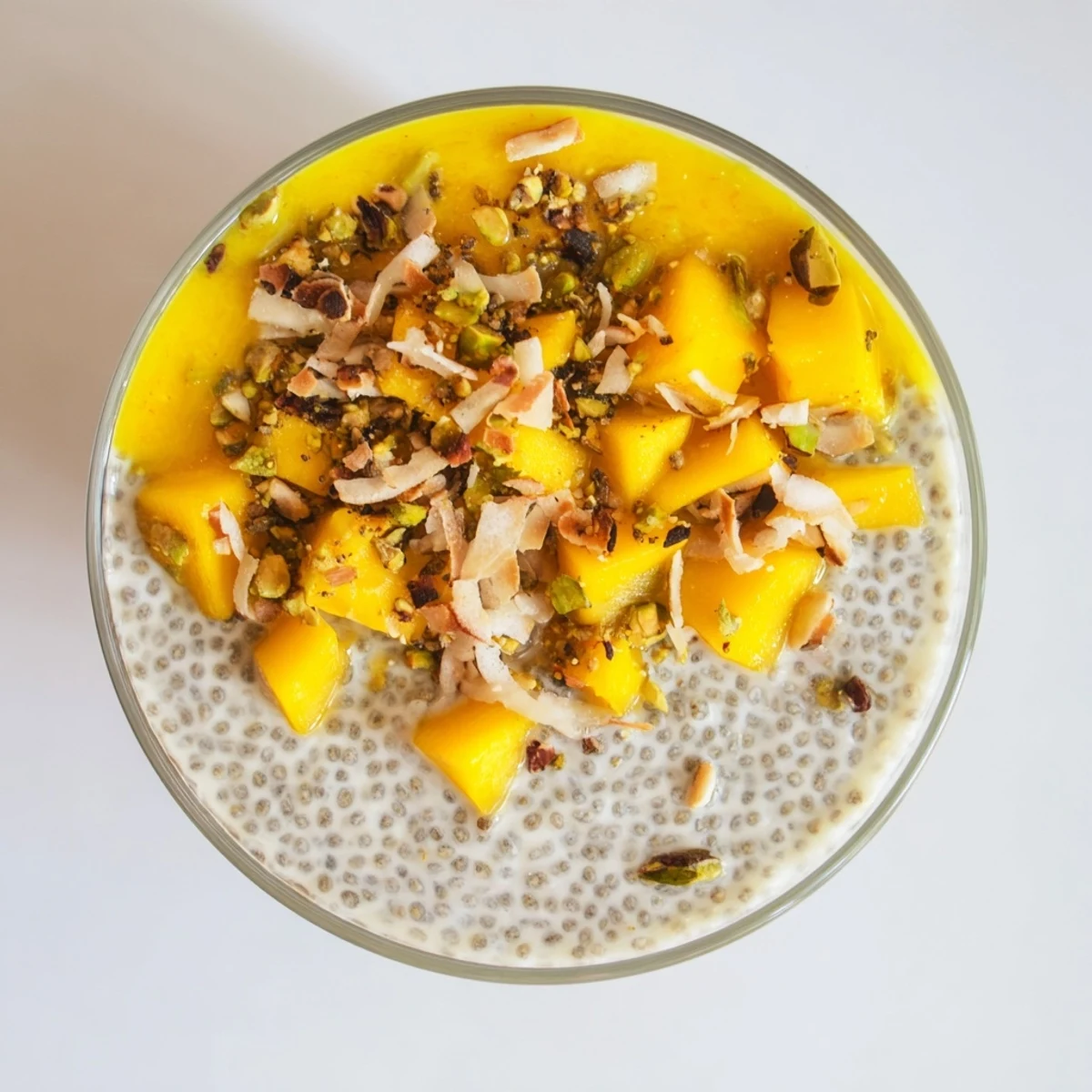 Creamy Mango Coconut Chia Pudding layered with fresh mango, ready to eat for breakfast.