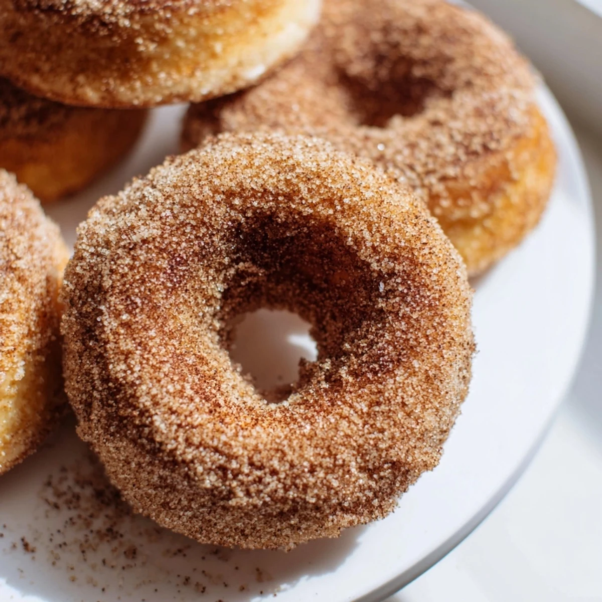 Freshly baked cinnamon-sugar donuts: Fluffy texture and a sweet, cinnamony coating on a plate.