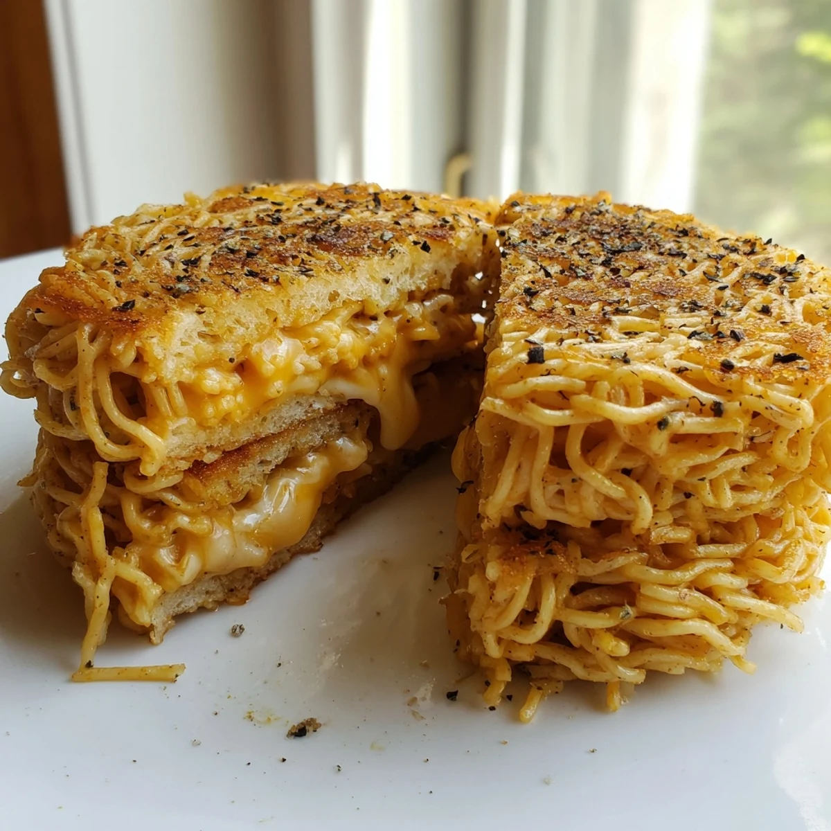 Golden, crispy ramen noodle buns cradle melty cheddar and mozzarella in this ramen grilled cheese.