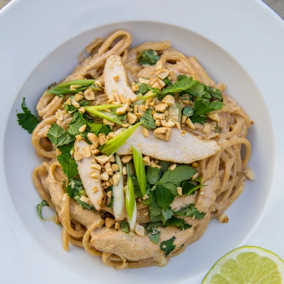 Tender Thai Peanut Chicken Pasta, creamy and savory, garnished with fresh cilantro and peanuts.