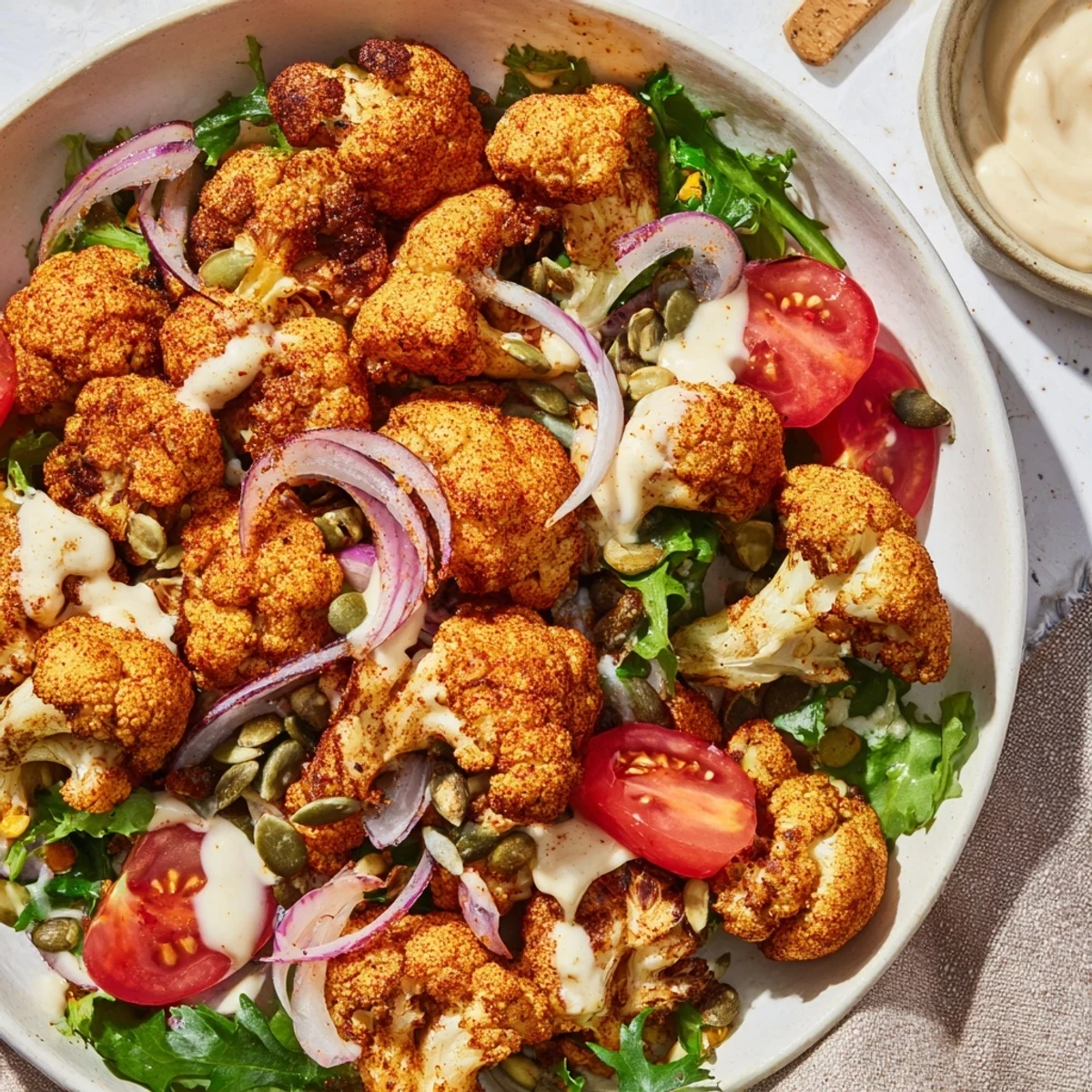 Golden air-fried Crispy Cauliflower Salad, served with a creamy tahini sauce and fresh ingredients.