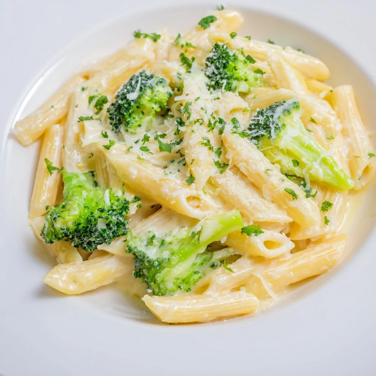 Lemony Cream Cheese Garlic Pasta, with tender broccoli and Parmesan, ready to serve and enjoy.