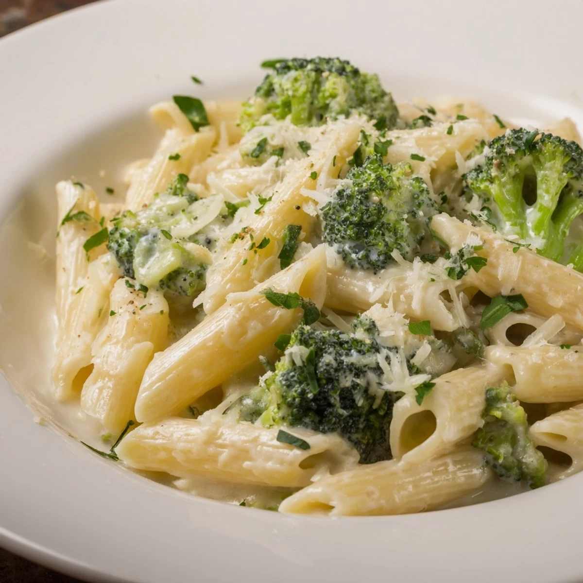 A close-up of creamy Cream Cheese Garlic Pasta, swirling with fresh parsley and cheesy goodness.