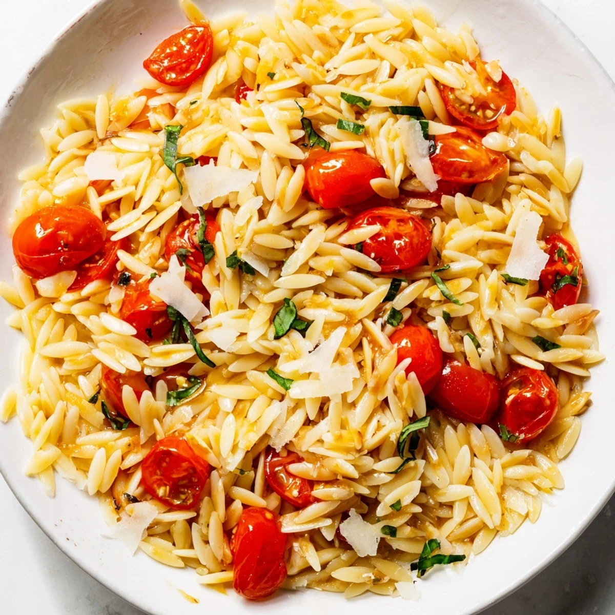Steaming bowl of orzo tomato Parmesan: a delicious Italian pasta dish with fresh basil garnish.