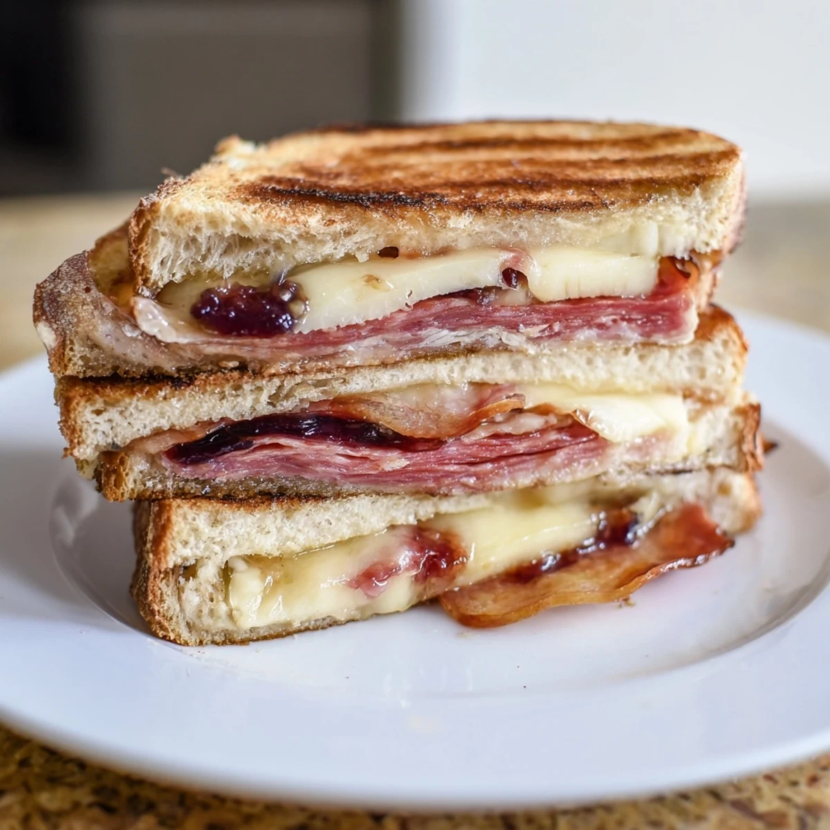 Close-up of a charcuterie grilled cheese featuring warm, melted cheese and cured meats.