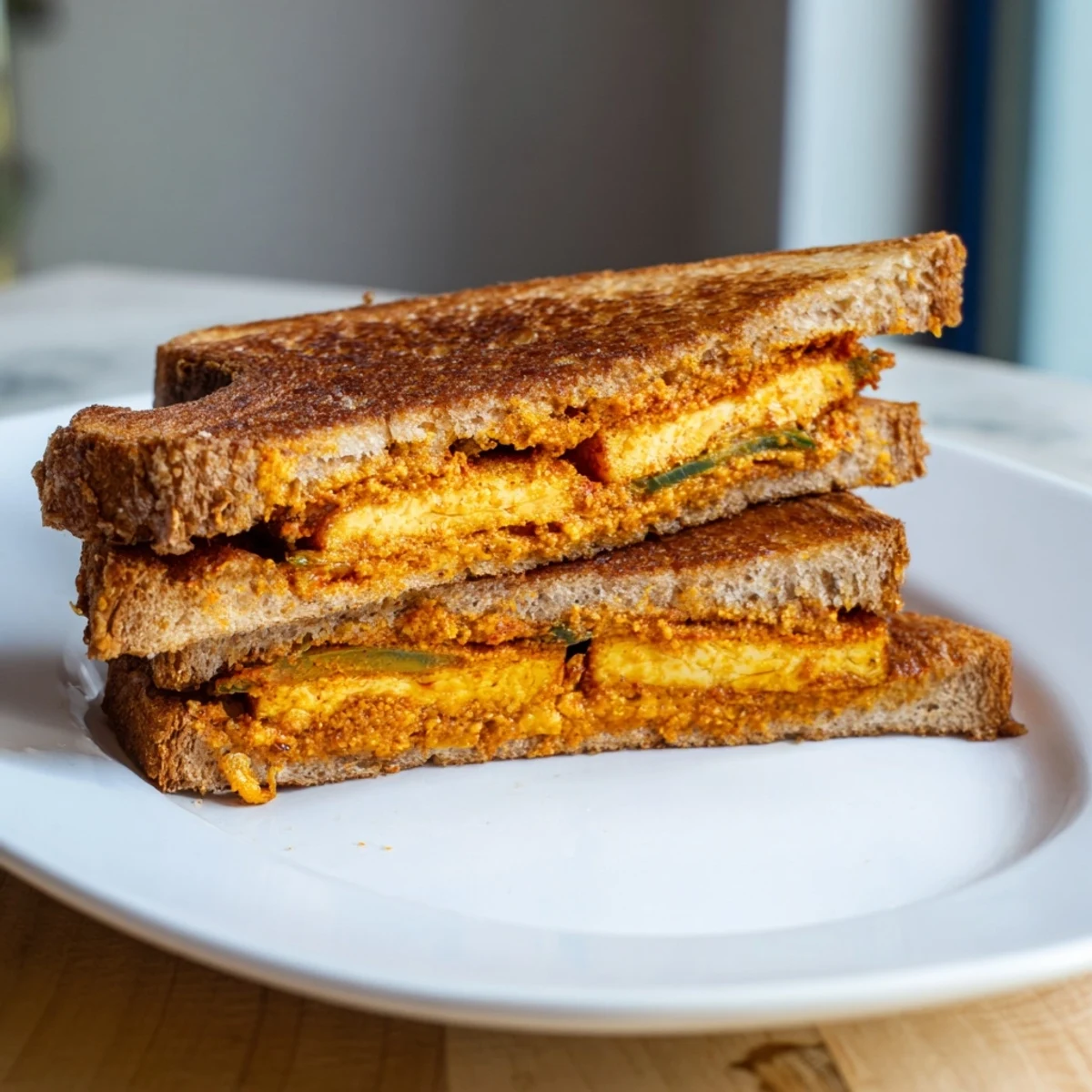 Spicy crispy tofu grilled cheese sandwich, oozing with melted vegan cheese, ready to be sliced and enjoyed.