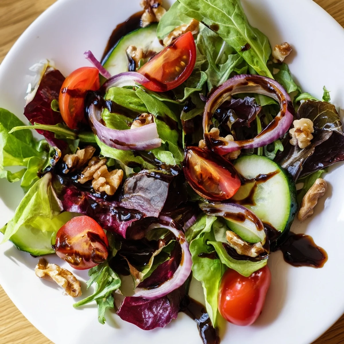 A fresh Quick Balsamic Vinegar Salad, showcasing vibrant greens, tomatoes, lightly dressed, ready to serve.