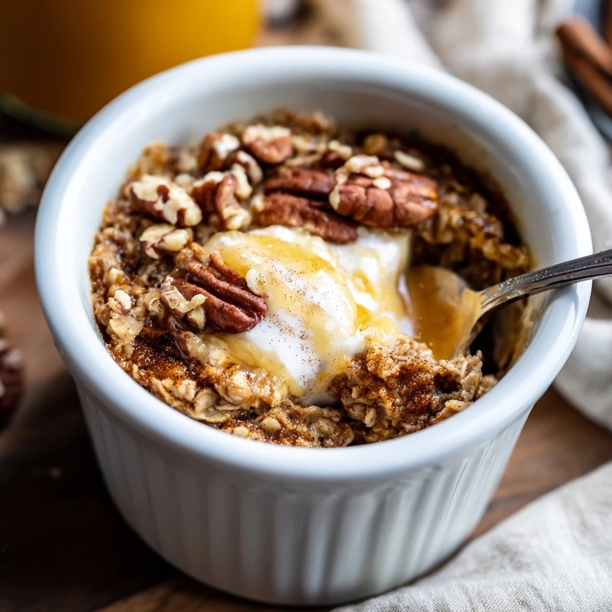 Warm, golden-baked Pumpkin Spice Baked Oats, promising a cozy, spiced fall breakfast treat.