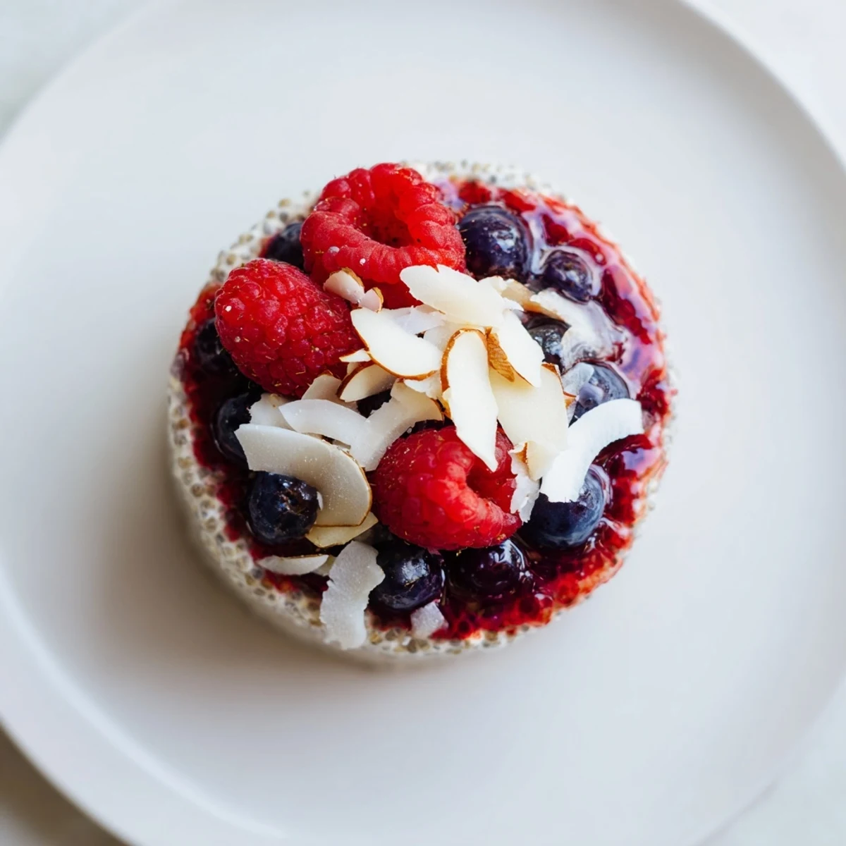 A layered Berry Chia Pudding with vibrant berries, creamy texture, and optional coconut flakes.