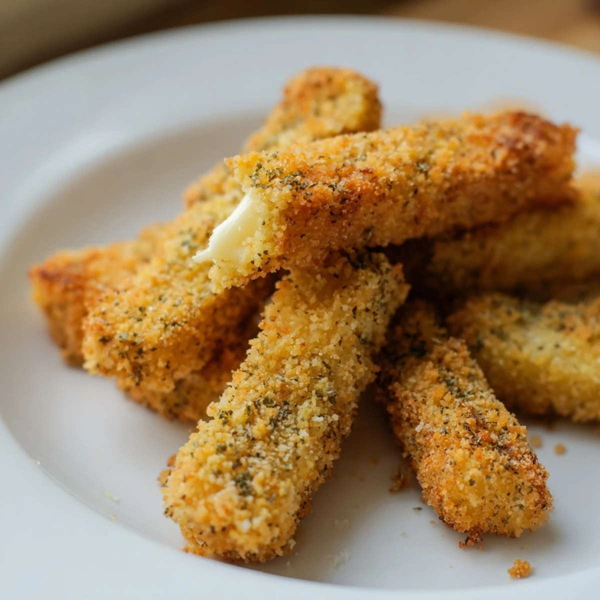 Melted cheese spills from crispy, golden air fried mozzarella sticks, ideal for parties or a quick snack.
