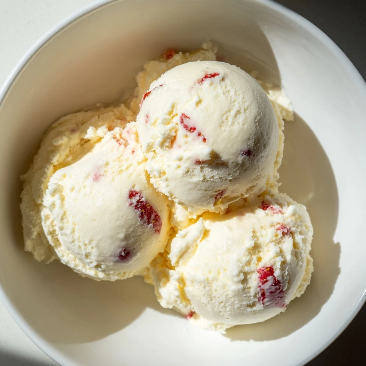 Cold, creamy cottage cheese ice cream swirled with fresh berries, perfect for a summer dessert.