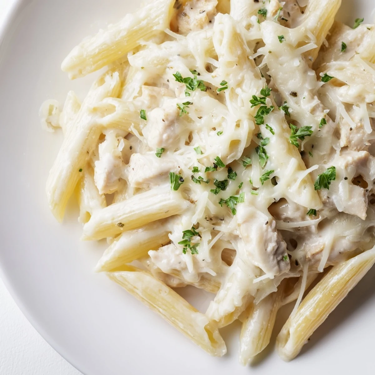 Golden, bubbly Chicken Alfredo Bake, a warm family dinner of creamy pasta and tender chicken.