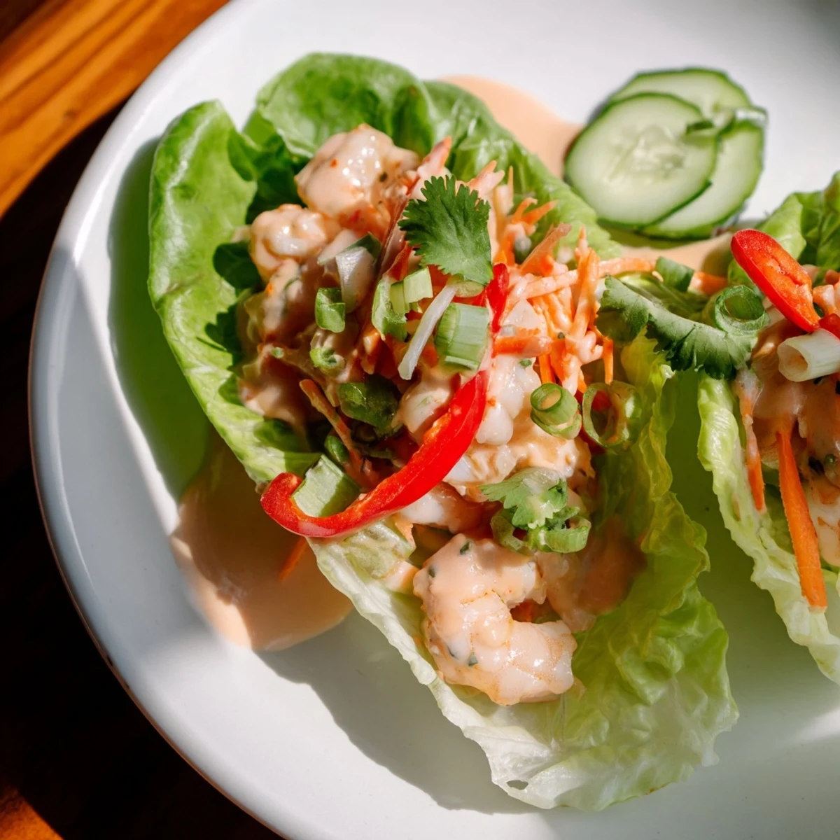 Close-up of delicious shrimp lettuce cups, with vibrant ingredients and a creamy sauce drizzled overtop.