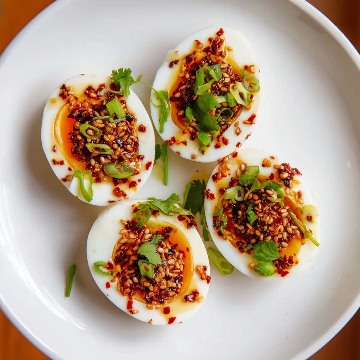 Savory chili oil eggs with bright green onions, a visually-appealing and flavorful breakfast.