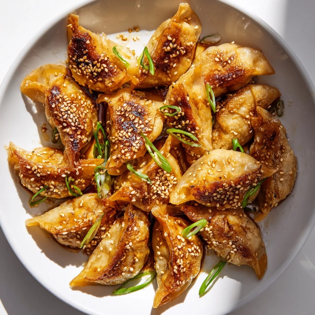 Crispy air fryer frozen dumplings glazed with sesame oil, garnished with fresh green onions.