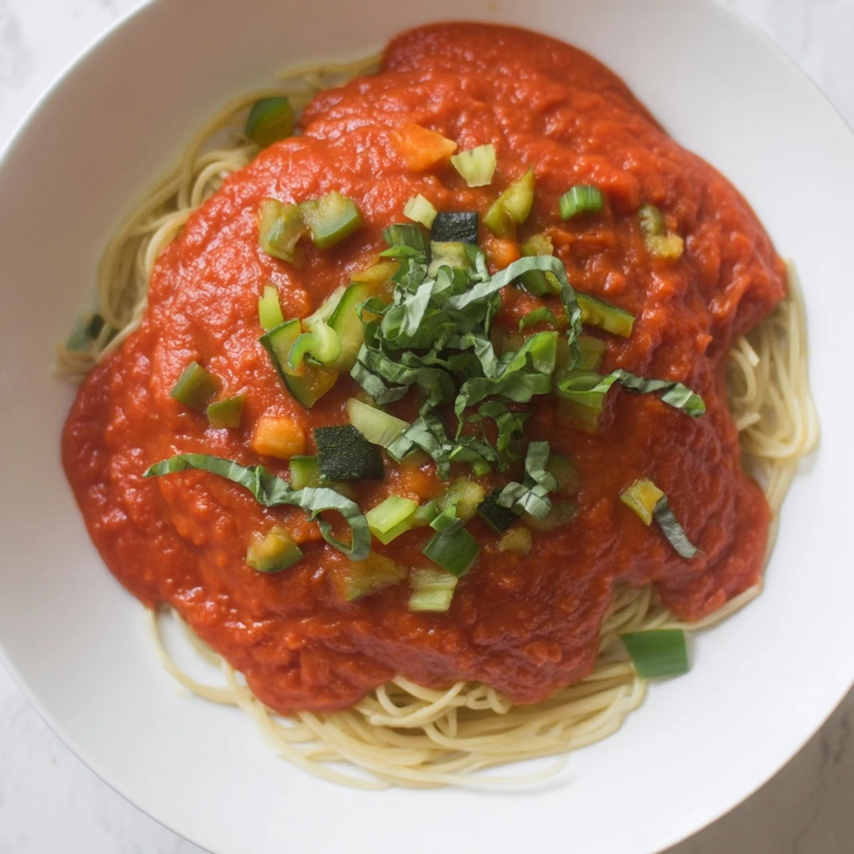 Close-up of Veggie-Loaded Tomato Pasta Sauce, perfectly smooth and flavorful for dinner tonight.
