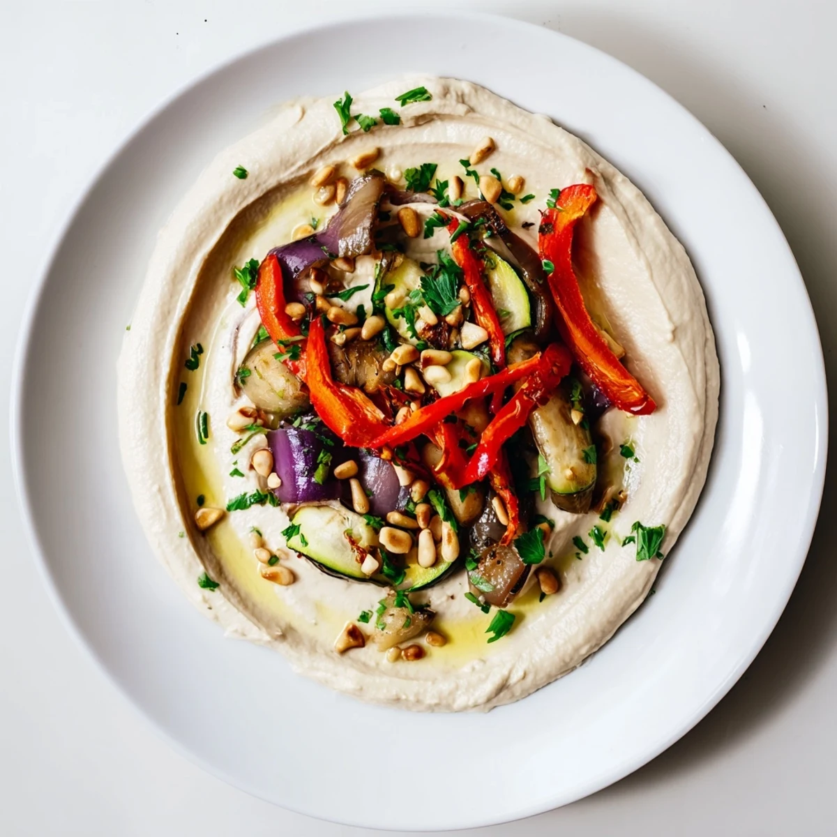 Hummus Roasted Veggies: vibrantly colorful, roasted vegetables sit atop creamy, smooth hummus, ready to serve.