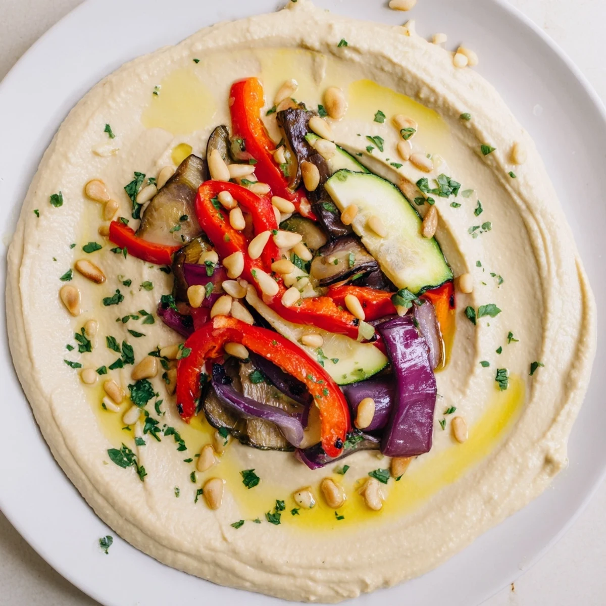 A close-up view of the Hummus Roasted Veggies shows the texture and deliciousness of the Mediterranean dish.