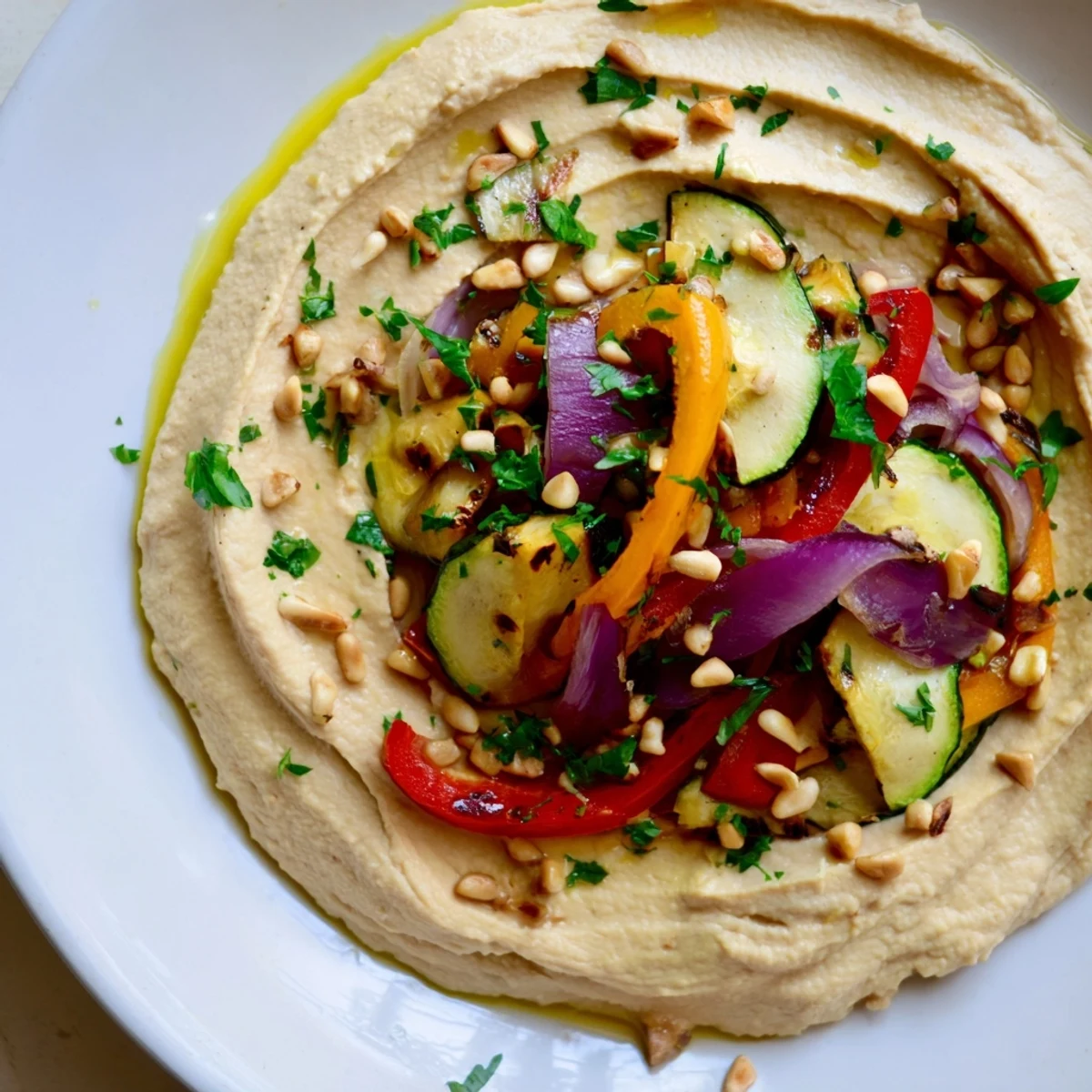 Smoky roasted vegetables and toasted pine nuts beautifully adorn a platter of flavorful Hummus Roasted Veggies.