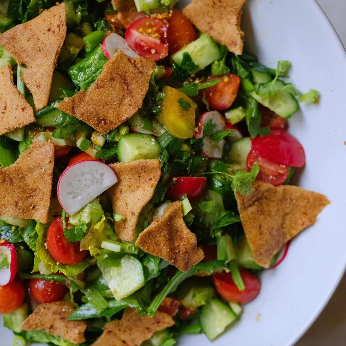 Vibrant Fattoush Crunch Salad with colorful fresh vegetables and crispy pita chips, ready to enjoy.