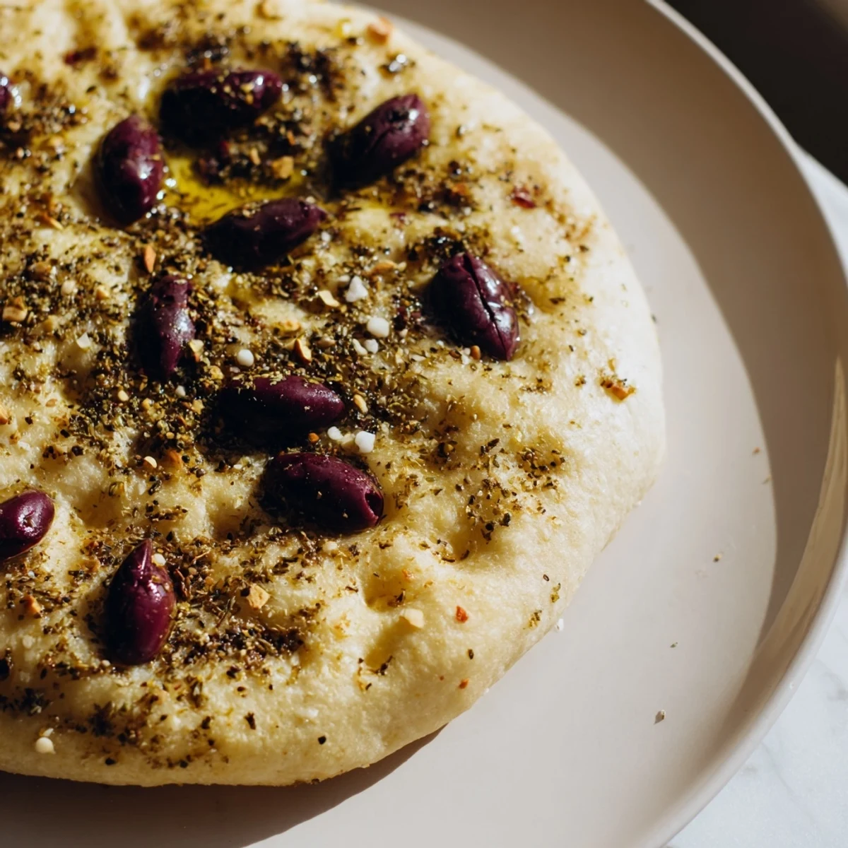 Golden-crusted Zaatar Olive Focaccia, fragrant and perfect for dipping into olive oil or hummus.
