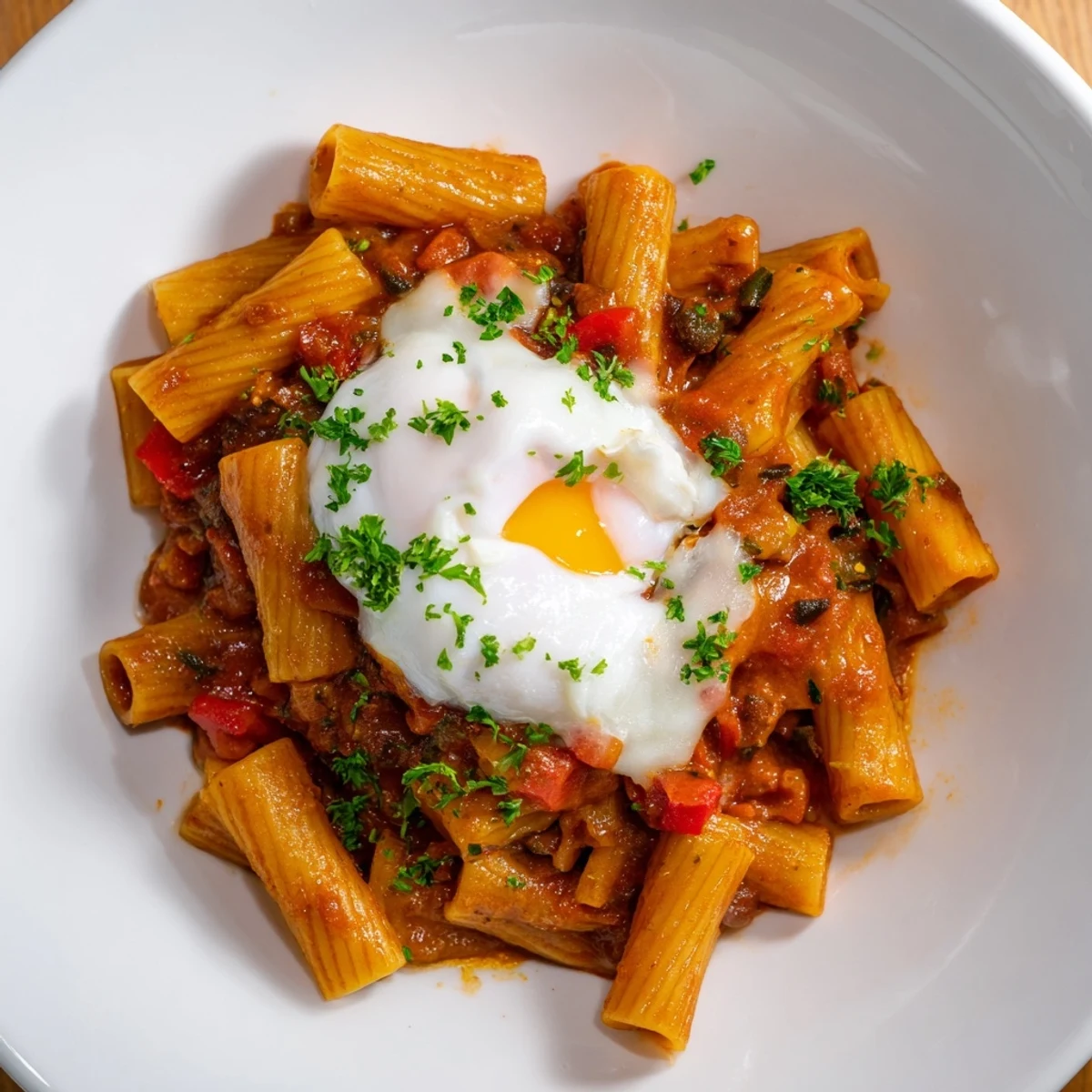 Steaming Shakshuka Baked Pasta with a runny egg yolk and fresh herbs, a comforting main dish.