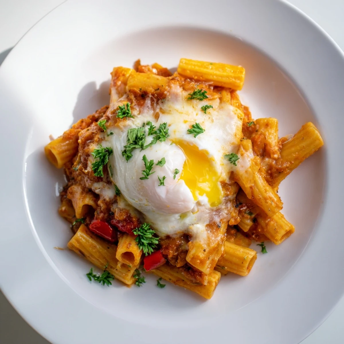 A close-up of Shakshuka Baked Pasta, a vibrant red sauce baked with pasta, topped with sunny eggs.