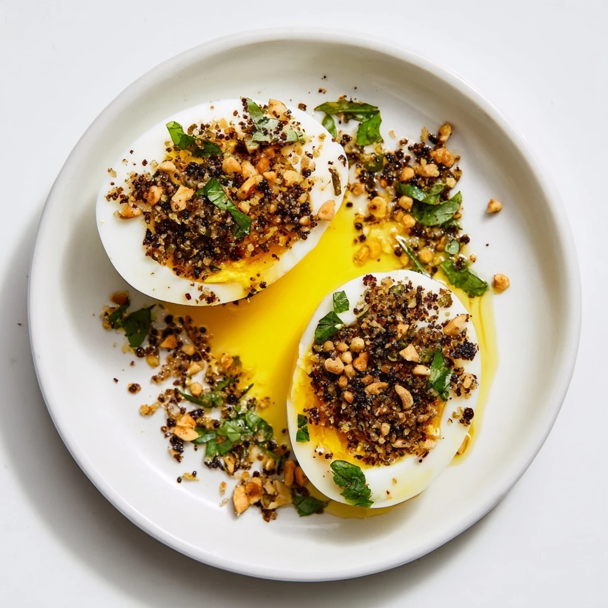 Vibrant brunch of Dukkah-Spiced Eggs, showcasing perfectly poached eggs sprinkled with fragrant spice.