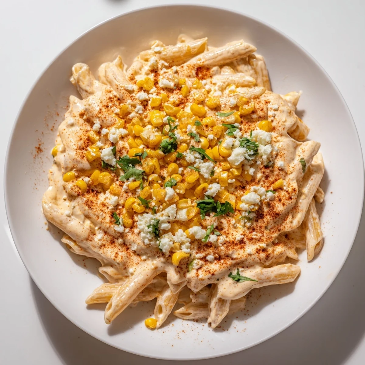 A close-up of creamy Mexican Street Corn Pasta, bursting with colorful toppings and fresh corn.