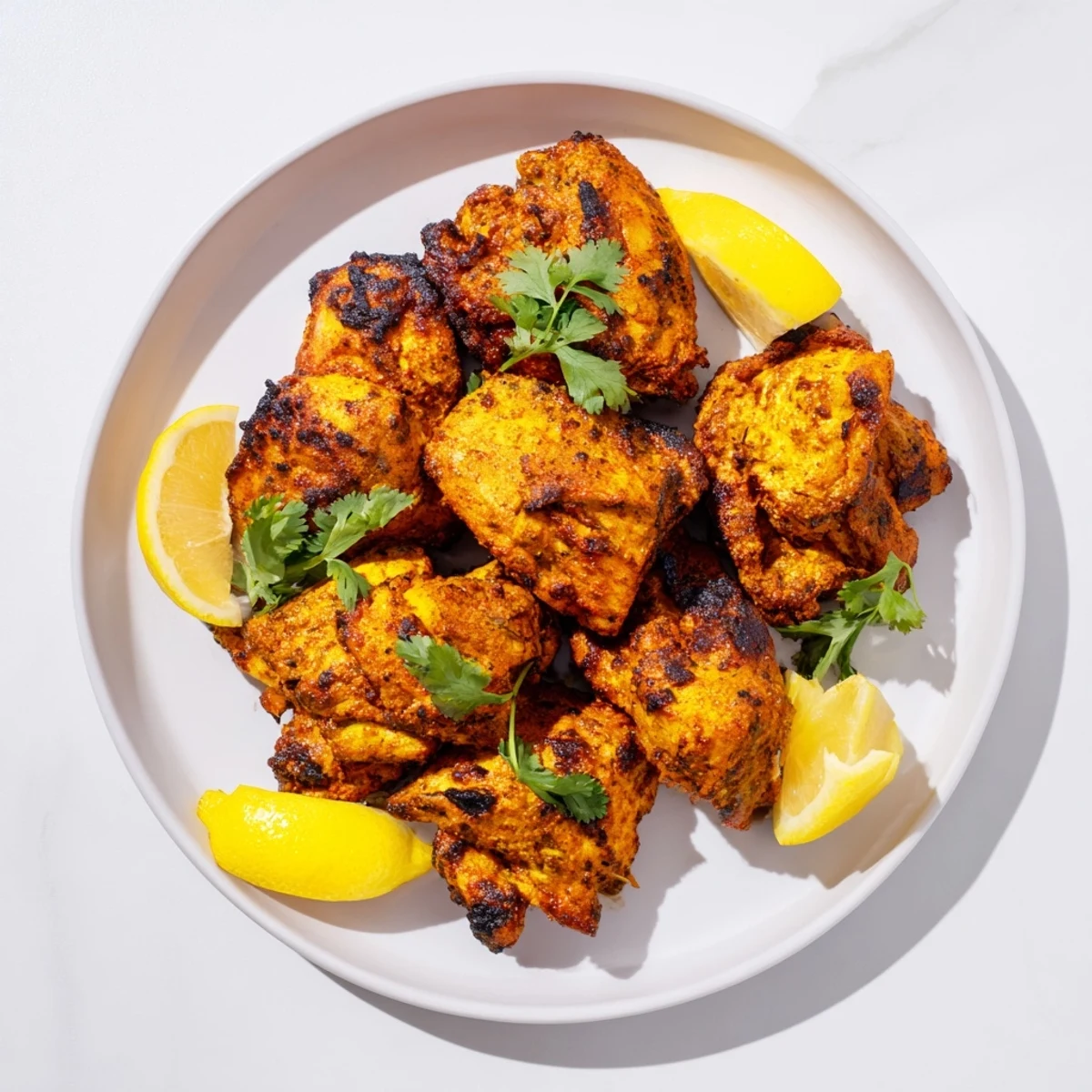 Golden-brown Indian Tikka Spiced Chicken, cooked until crispy, garnished with cilantro, and ready to serve.