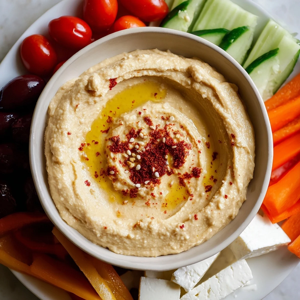 Delectable Middle Eastern Mezze Platter, inviting with hummus, crunchy vegetables, and savory bites for sharing.