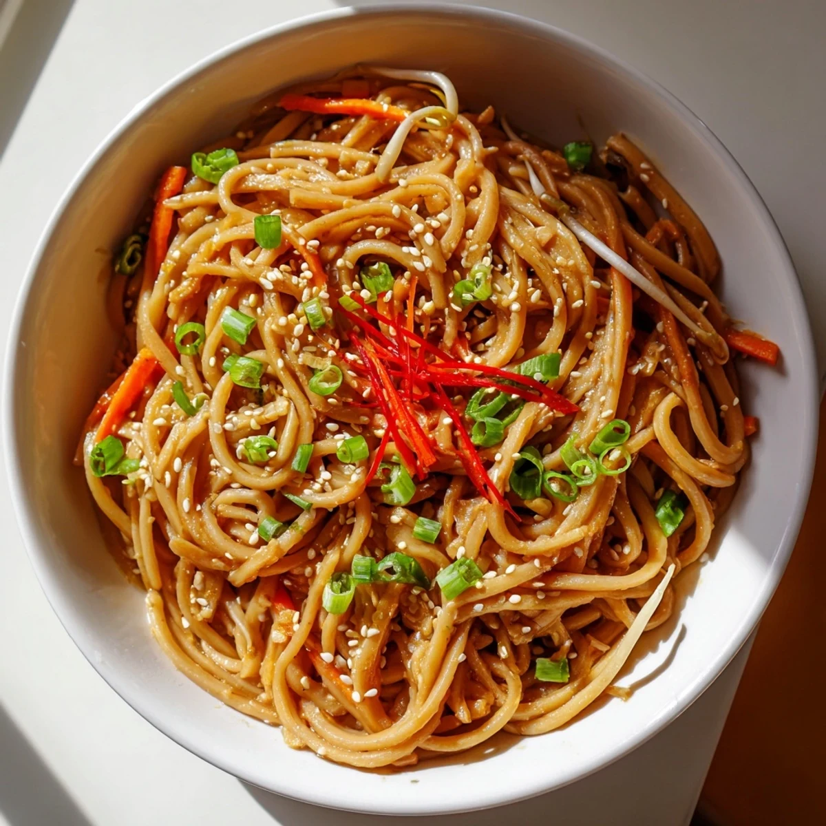 Enjoy this delicious, vegetarian Asian Garlic Noodle Bowl with noodles evenly coated in savory garlic sauce.