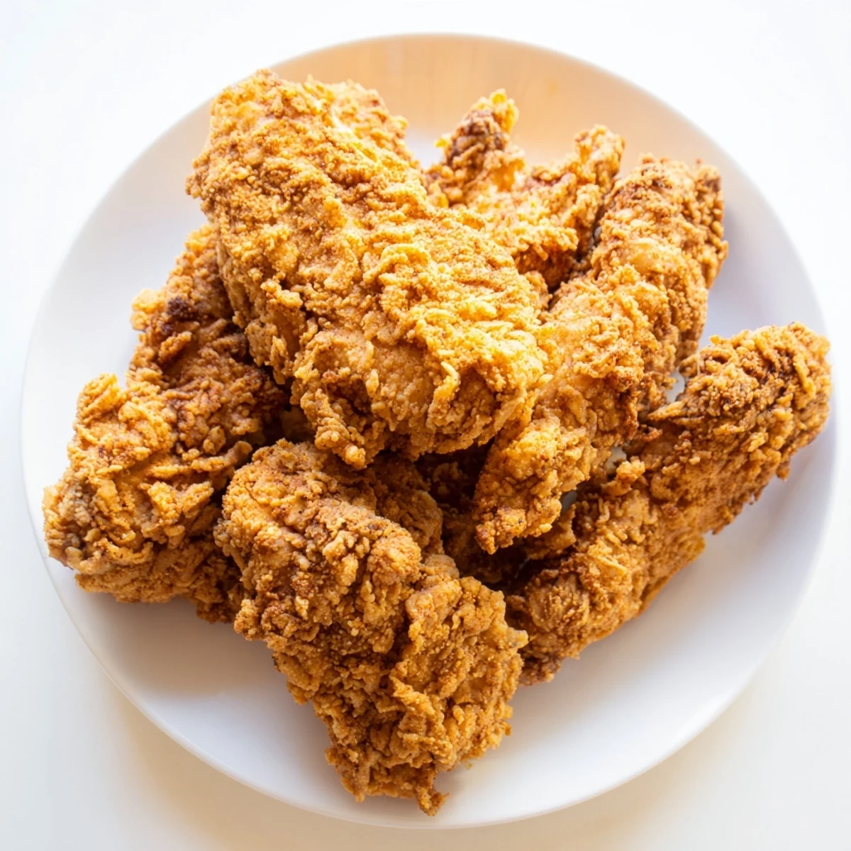 Close-up of golden-brown crispy fried chicken tenders, perfectly seasoned and satisfyingly crunchy.