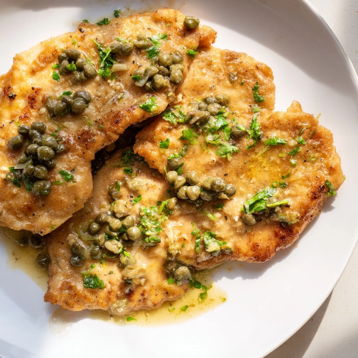 Golden chicken piccata with creamy lemon caper sauce, ready to serve on a plate.