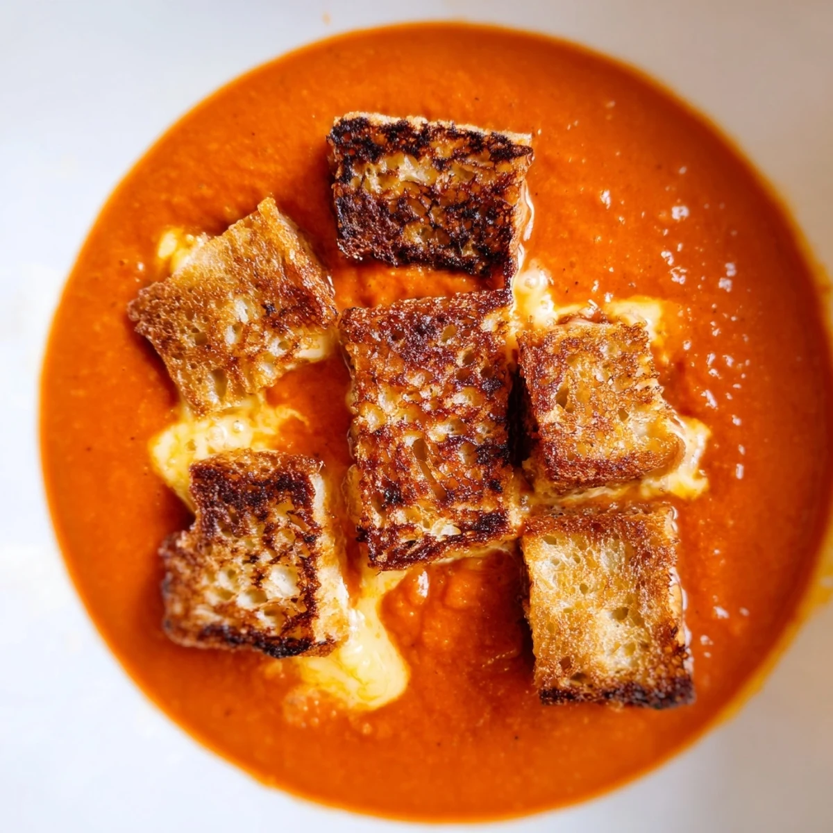 Creamy roasted tomato soup with grilled cheese croutons topped with melted cheddar and golden bread cubes.  