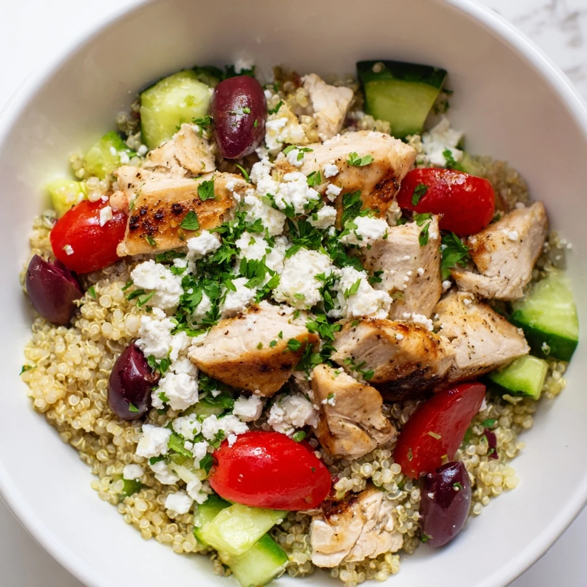Colorful Mediterranean Chicken Bowl features tangy Kalamata olives, chickpeas, and parsley, drizzled with a zesty lemon dressing.