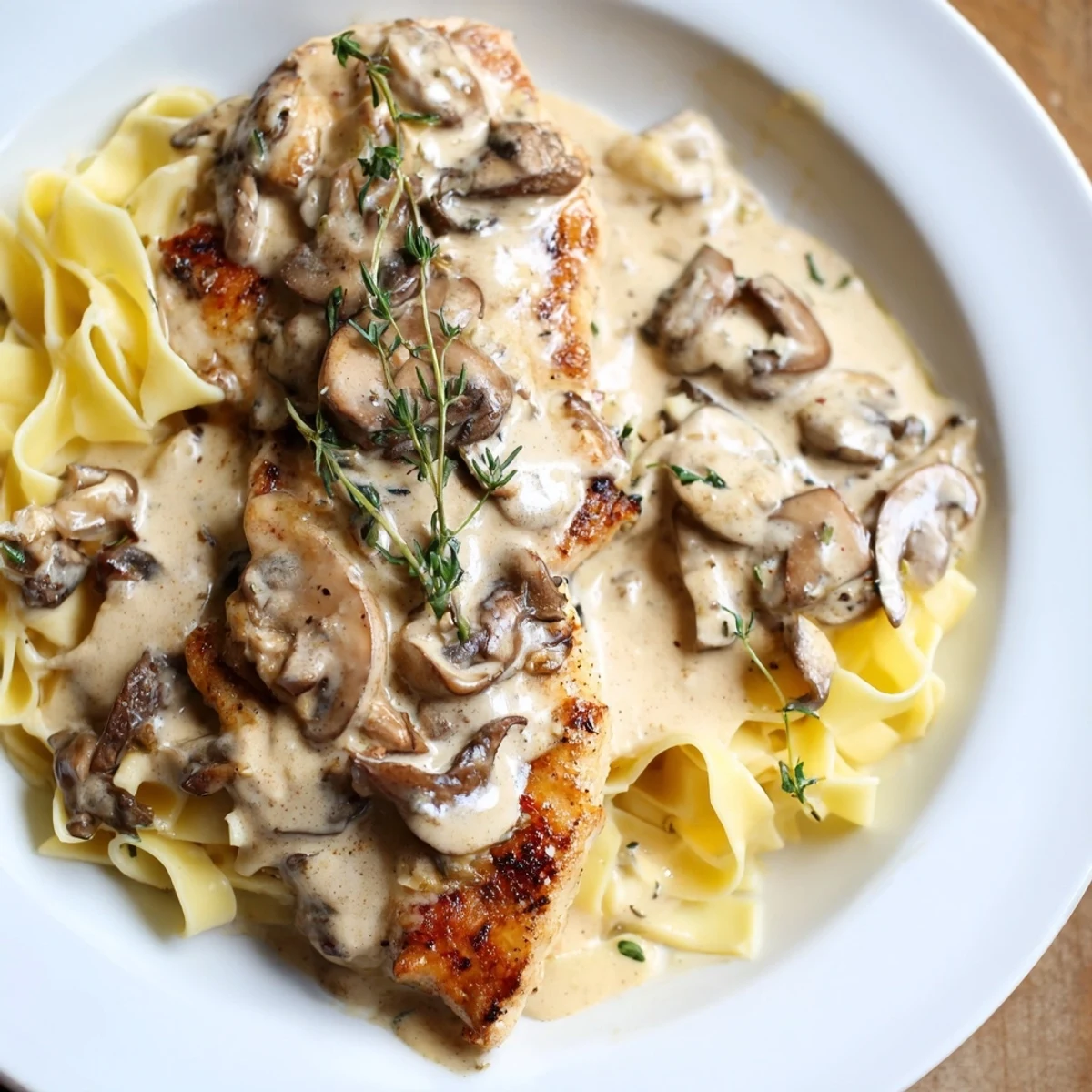 Pan-seared chicken breasts in a rich Marsala wine and mushroom cream sauce served over al dente pasta.  