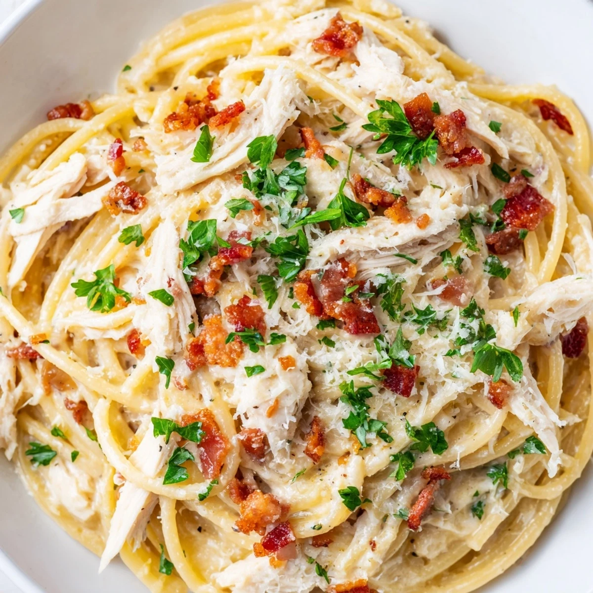 A close-up of creamy Chicken Carbonara twirled on a fork, with crispy bacon bits and tender shredded chicken glistening under warm light.