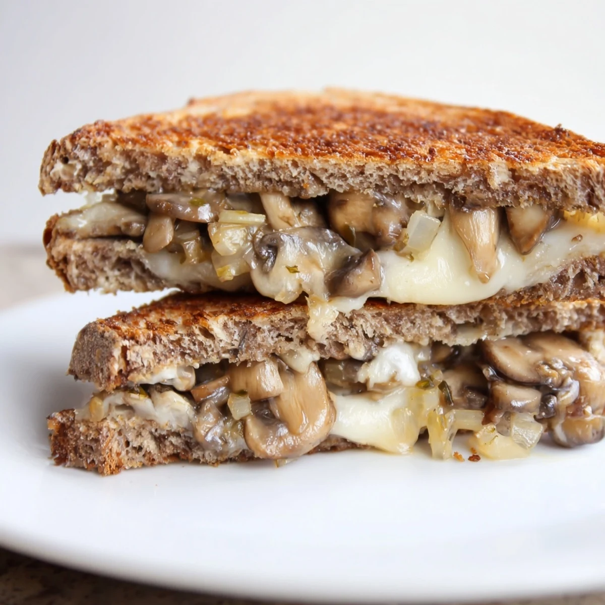Golden, crispy rye bread slices, filled with melted Swiss cheese and savory sautéed mushrooms, cut diagonally to show the layers.  