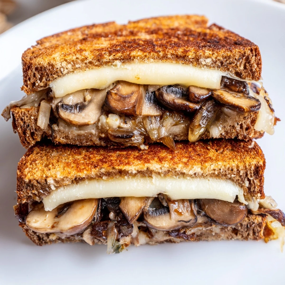 Overhead view of a Mushroom Swiss Grilled Cheese on a plate, showcasing melted cheese oozing from between toasted rye slices.