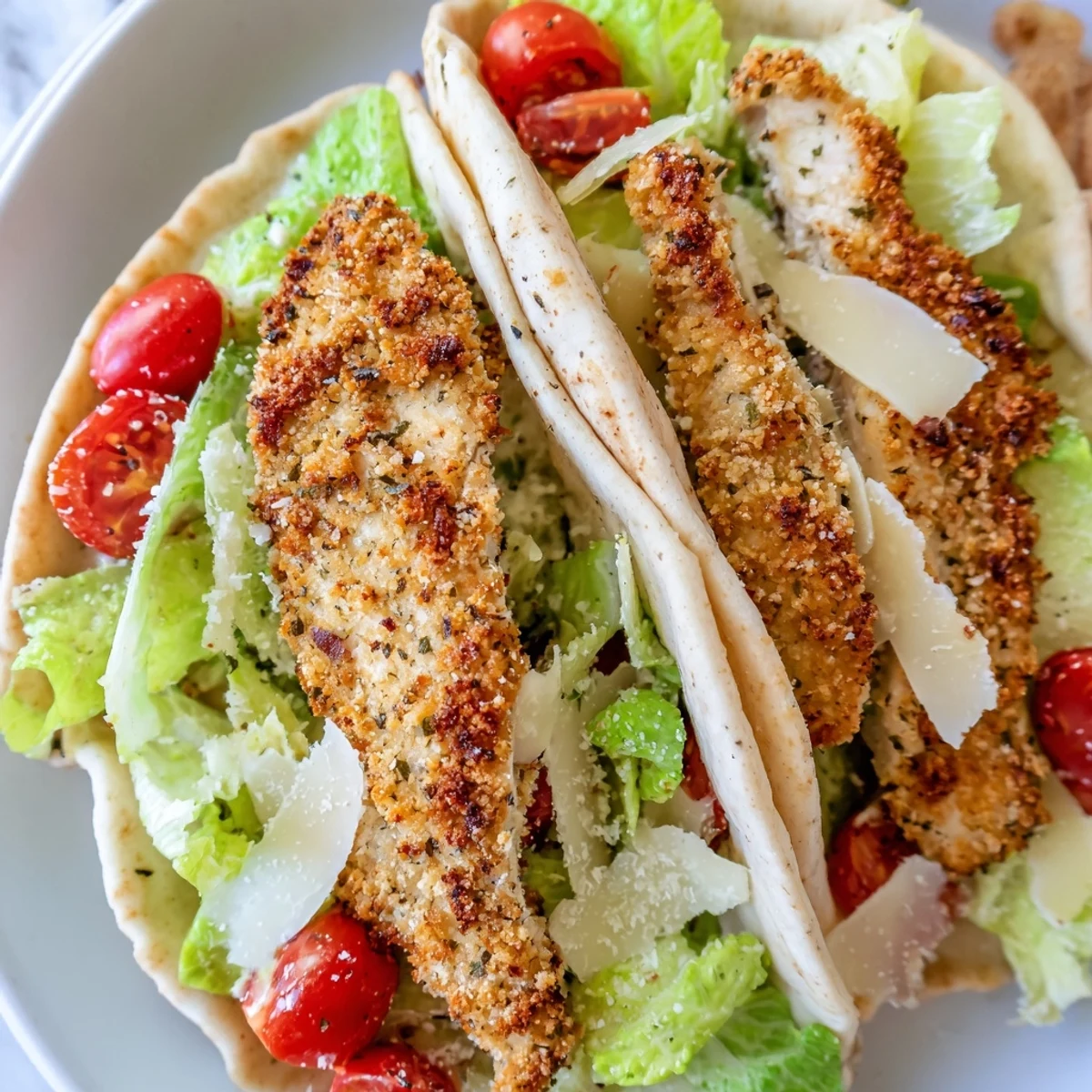 Golden, crispy herbed chicken cutlets and fresh Caesar salad stuffed inside warm pita pockets.