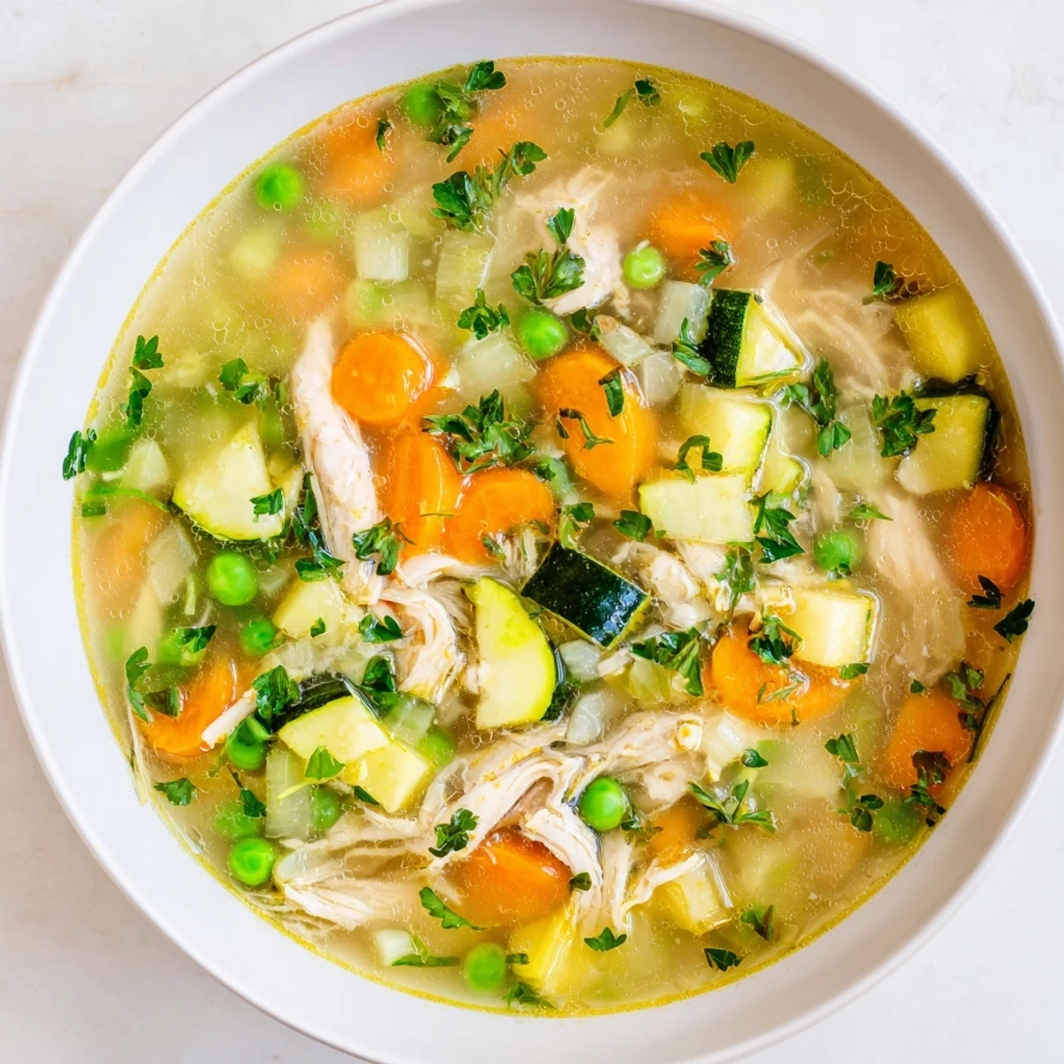 Hearty Spring Garden Chicken Soup with tender shredded chicken, carrots, peas, and fresh parsley in a clear broth.