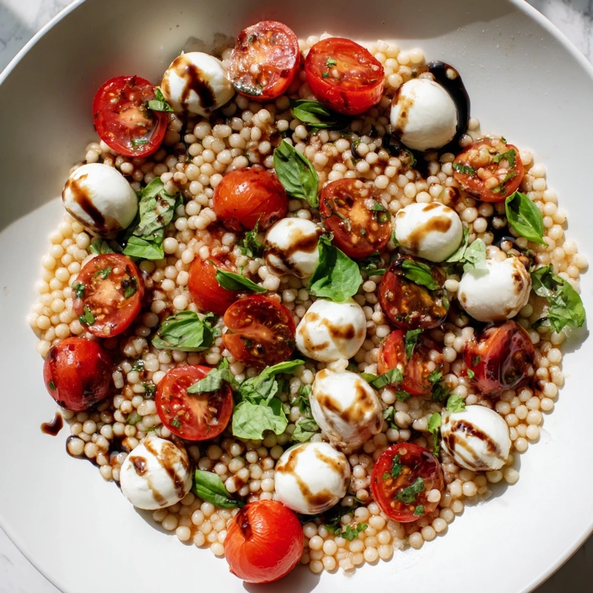 Bright cherry tomatoes and creamy mozzarella balls mingle with fluffy pearled couscous, drizzled with a glossy balsamic glaze on a rustic platter.