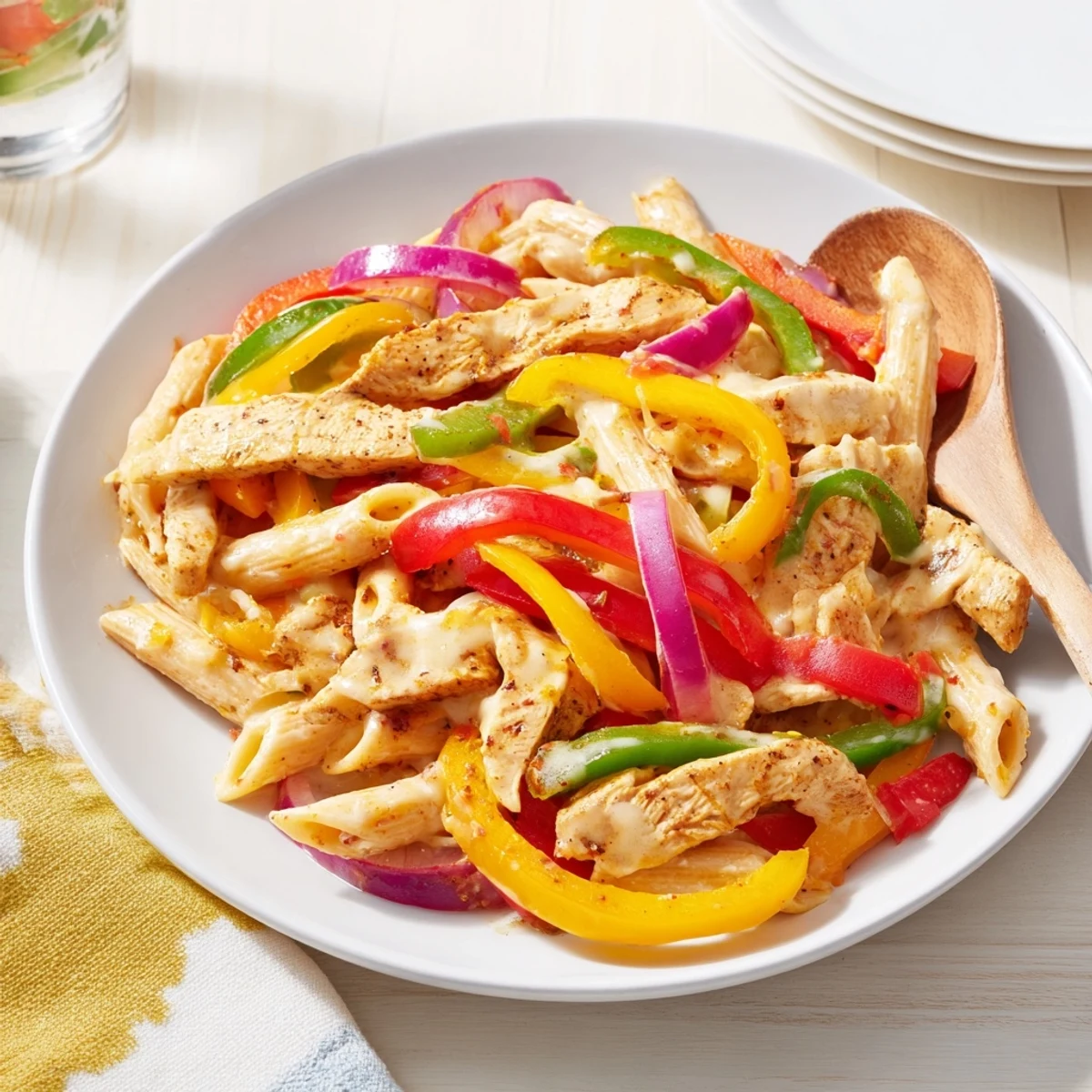 Creamy Fajita Chicken Pasta Skillet with vibrant bell peppers, onions, and melted cheese, served steaming in a cast-iron pan.