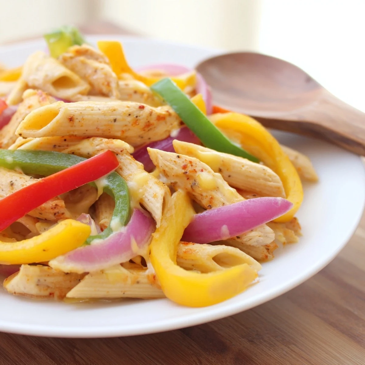 A hearty Fajita Chicken Pasta Skillet featuring tender spicy chicken strips and colorful vegetables in a rich, cheesy tomato-cream sauce.