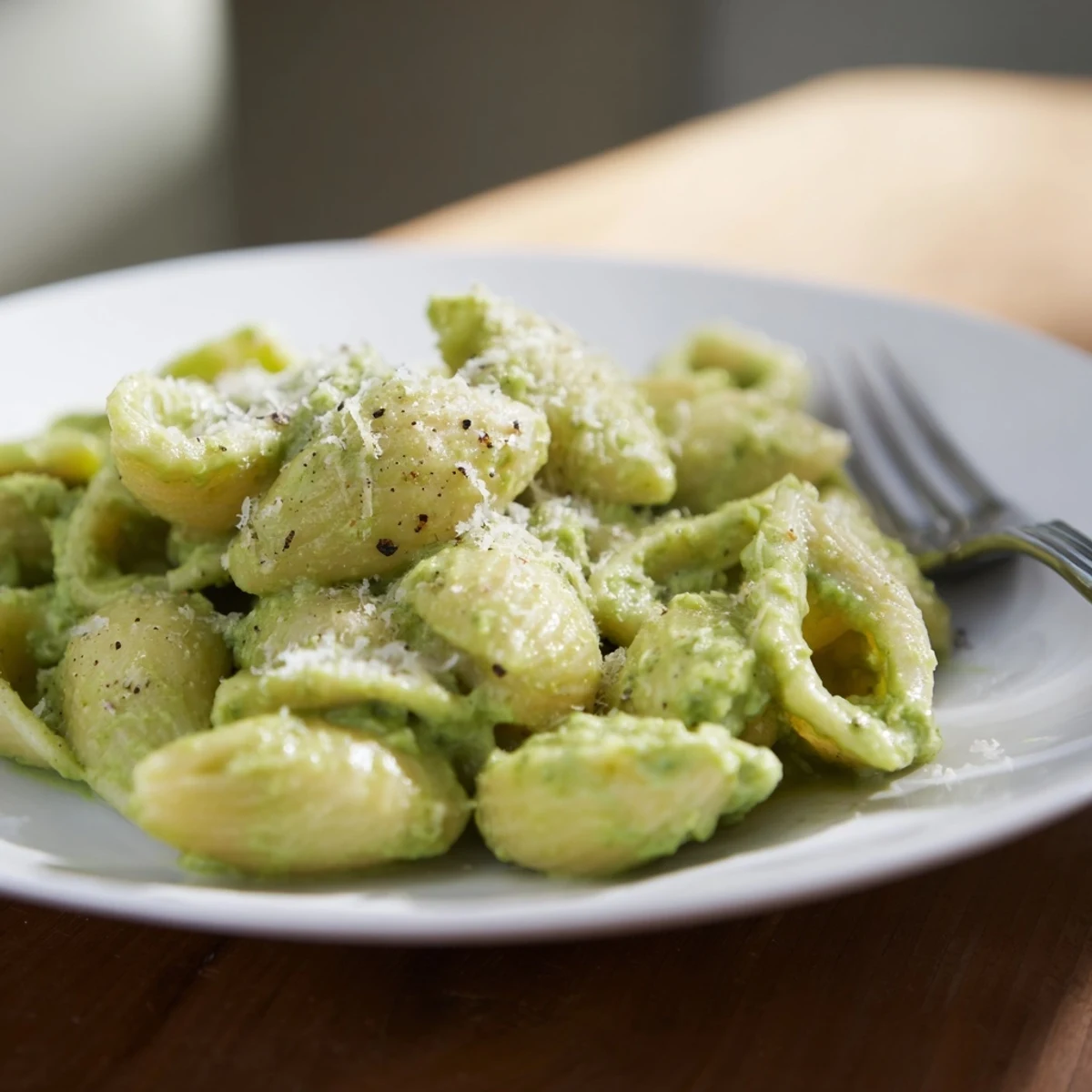 Close-up view of Creamy Avocado Pesto Mac, showing rich, creamy texture with basil and parmesan garnish, ready to serve for dinner.